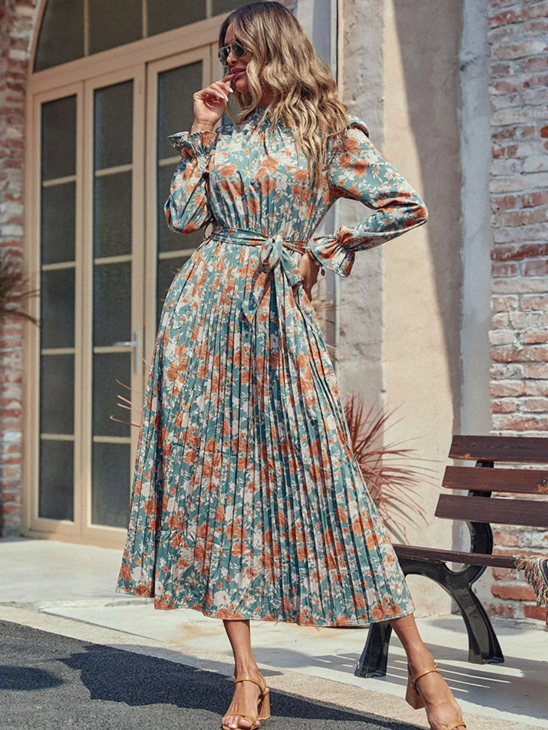 🌸 Perfee Tied Pleated Printed Mock Neck Long Sleeve Dress 🌸