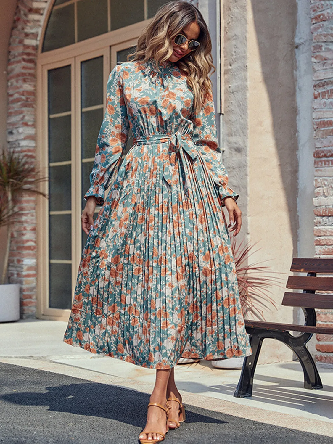 🌸 Perfee Tied Pleated Printed Mock Neck Long Sleeve Dress 🌸