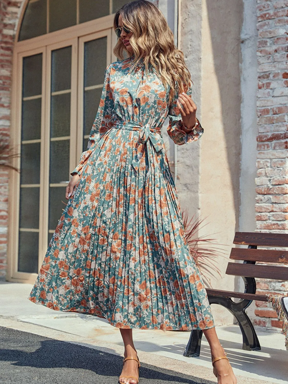 🌸 Perfee Tied Pleated Printed Mock Neck Long Sleeve Dress 🌸