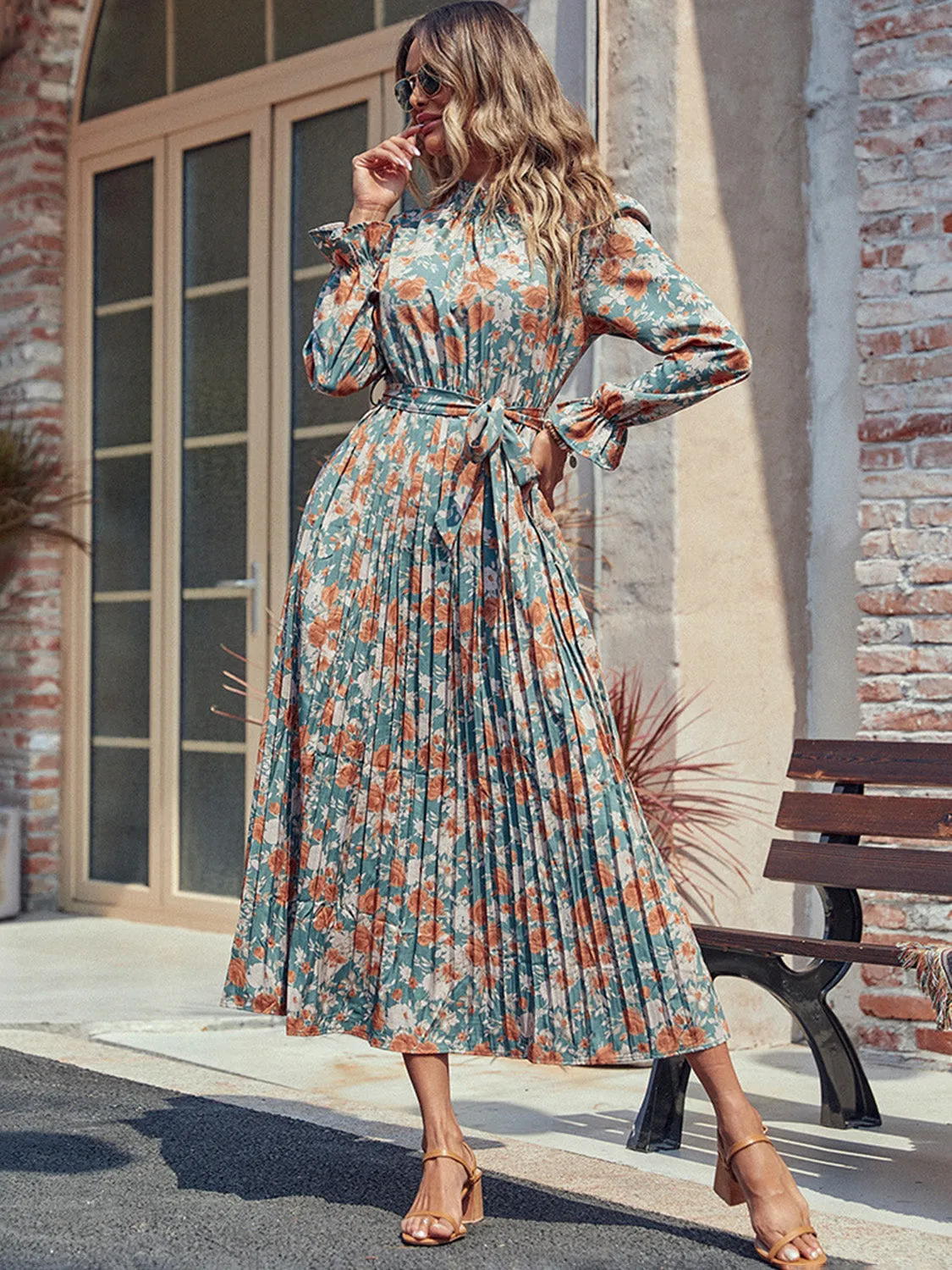 🌸 Perfee Tied Pleated Printed Mock Neck Long Sleeve Dress 🌸