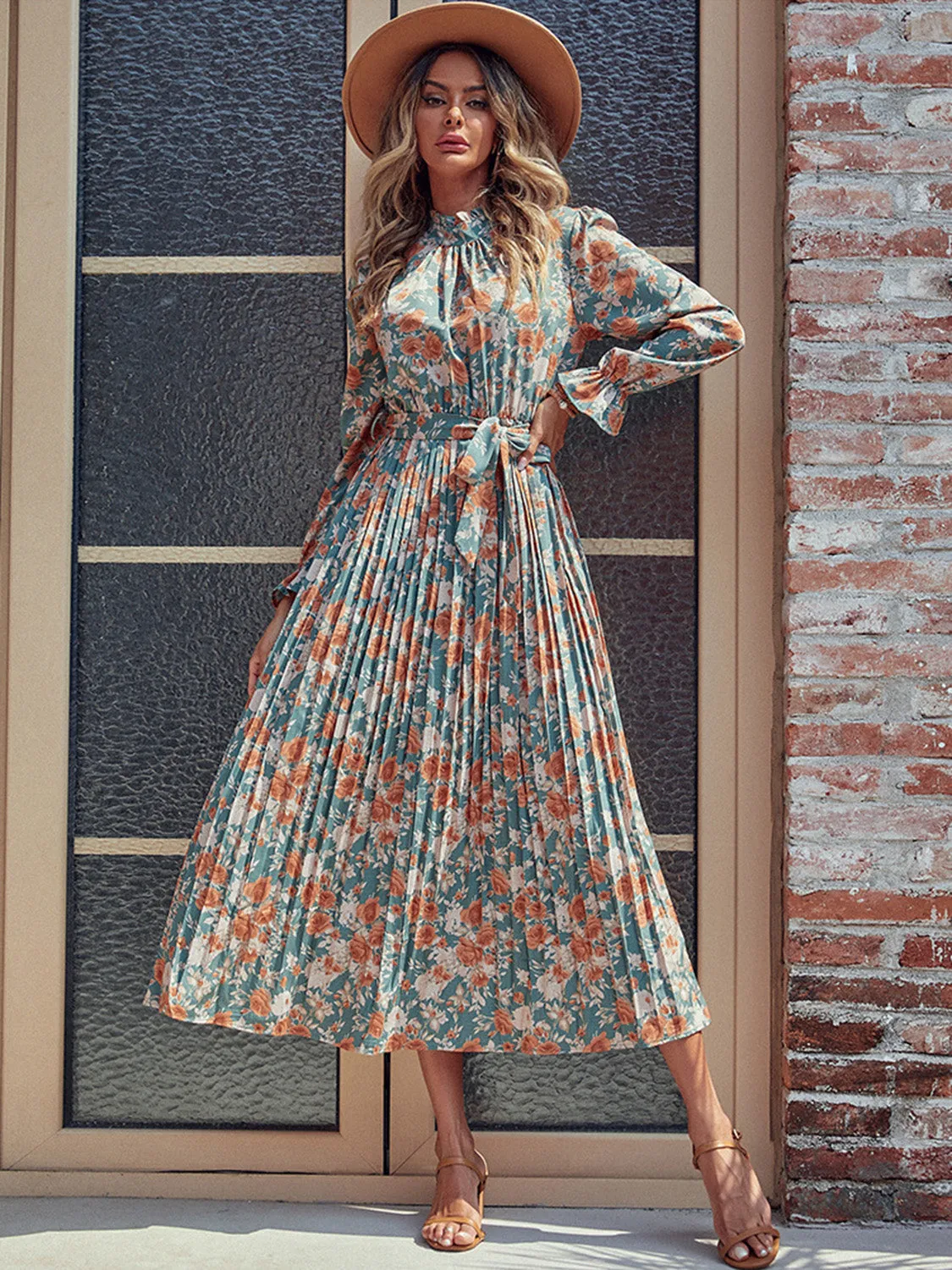 🌸 Perfee Tied Pleated Printed Mock Neck Long Sleeve Dress 🌸