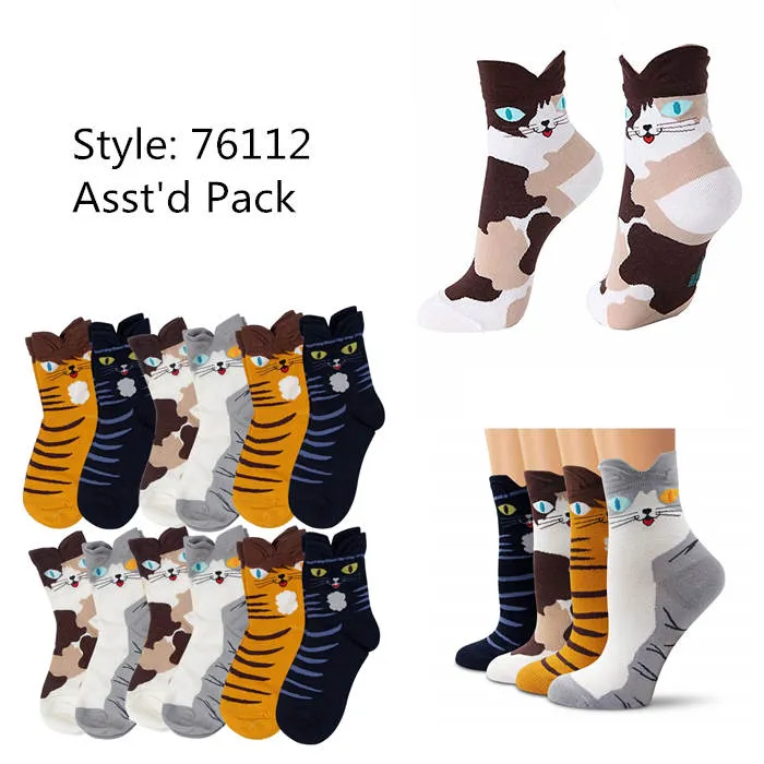 12pack Women's Cute Art Cartoon Colorful Casual Crew Cotton Animal Socks # 76112