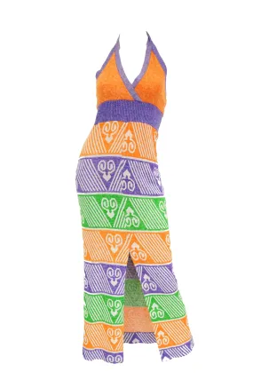 1970s Giorgio di Sant Angelo Knit Halter Maxi Dess in Orange, Purple, Green