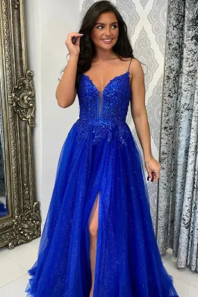 A Line V Neck Backless Royal Blue Lace Long Prom Dress with Leg Slit, Shiny Blue Lace Formal Graduation Evening Dress A2241