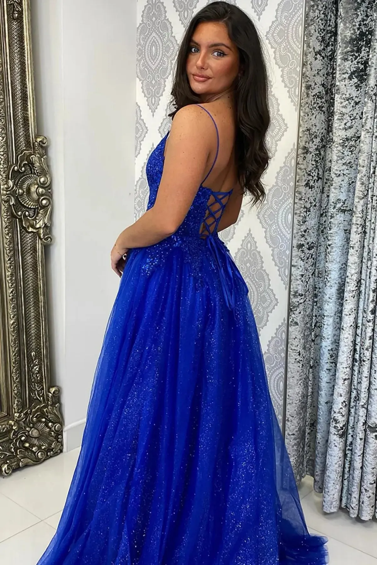 A Line V Neck Backless Royal Blue Lace Long Prom Dress with Leg Slit, Shiny Blue Lace Formal Graduation Evening Dress A2241