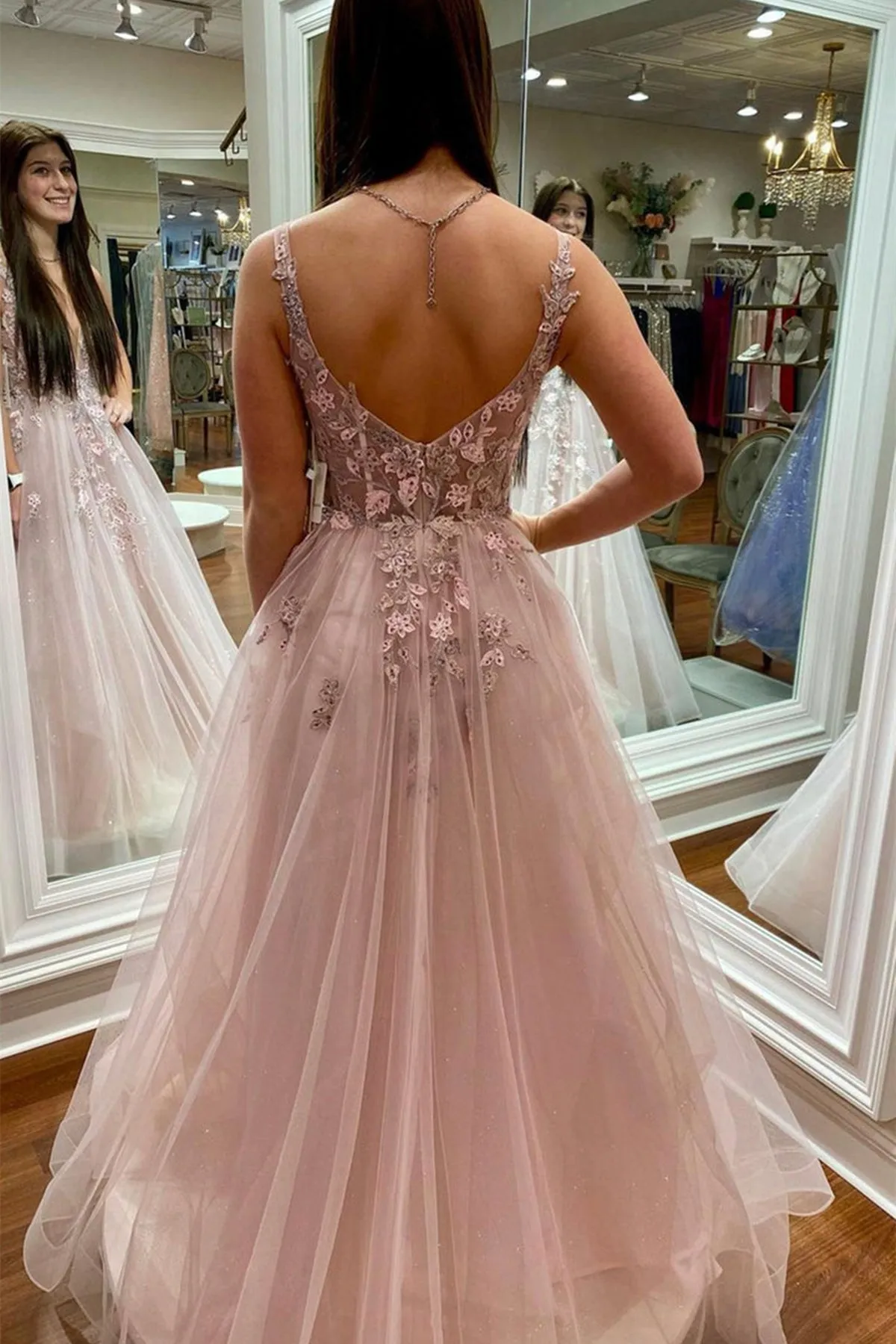 A Line V Neck Beaded Pink Lace Floral Long Prom Dress, Pink Lace Formal Dress, Pink Evening Dress A1568