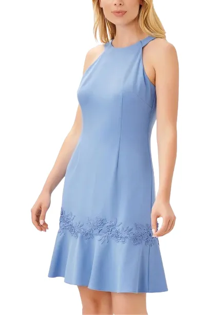 Adrianna Papell Halter Neck Sleeveless Tie Back Flounce Hem with Lace Trim Hook & Zipper Back Closure  Knit Crepe Dress