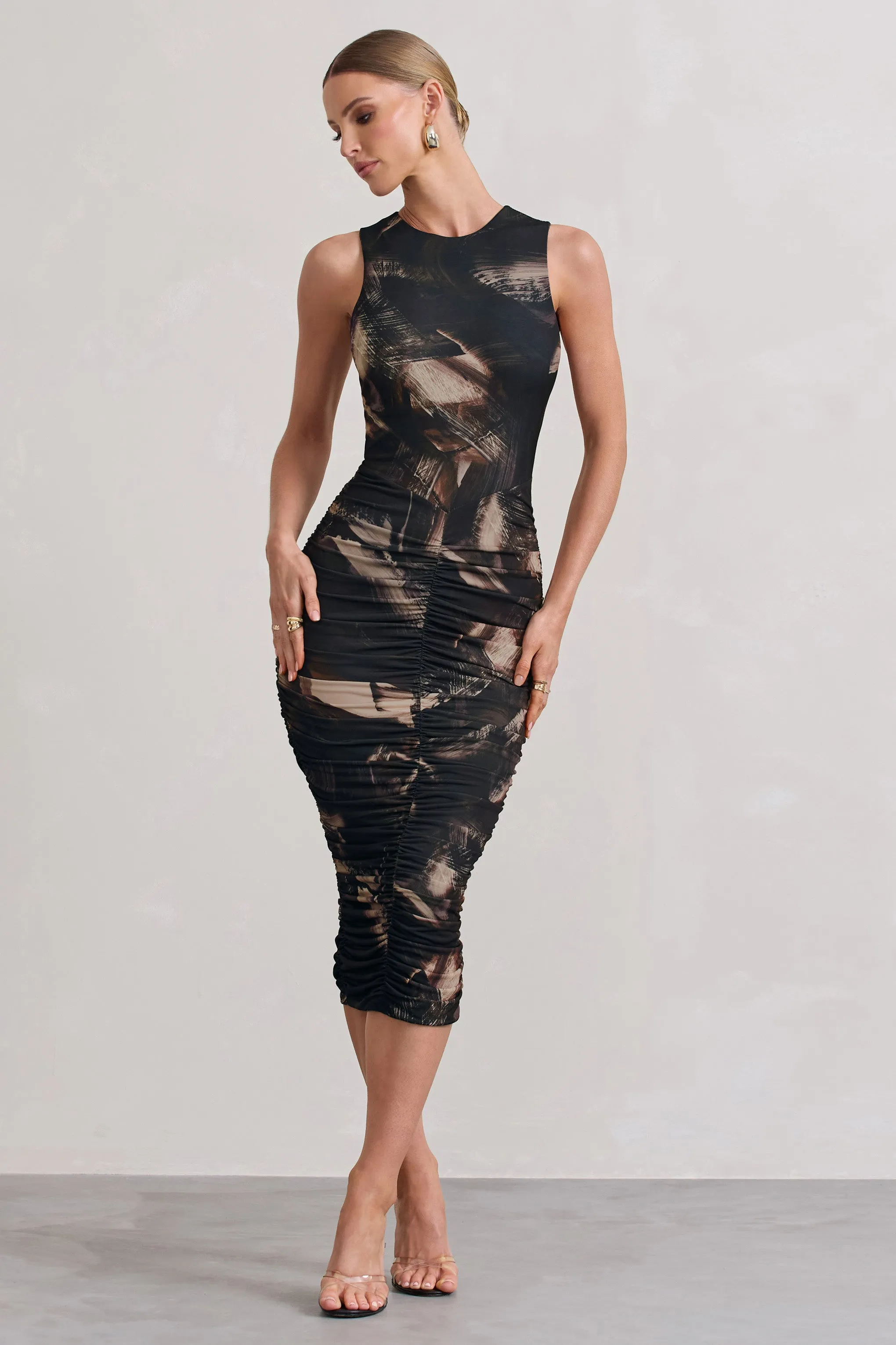 Antonia | Brown Print Sleeveless Ruched Bodycon Midi Dress