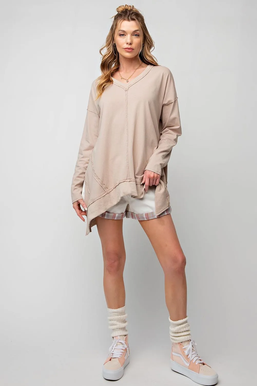 Apricot Exposed Seam V Neck Side Slits Long Sleeve Top