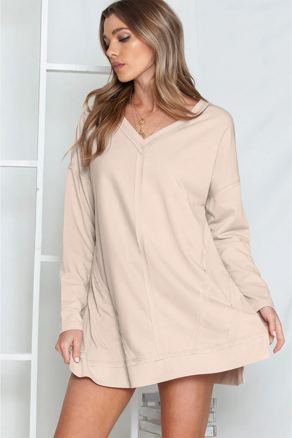 Apricot Exposed Seam V Neck Side Slits Long Sleeve Top