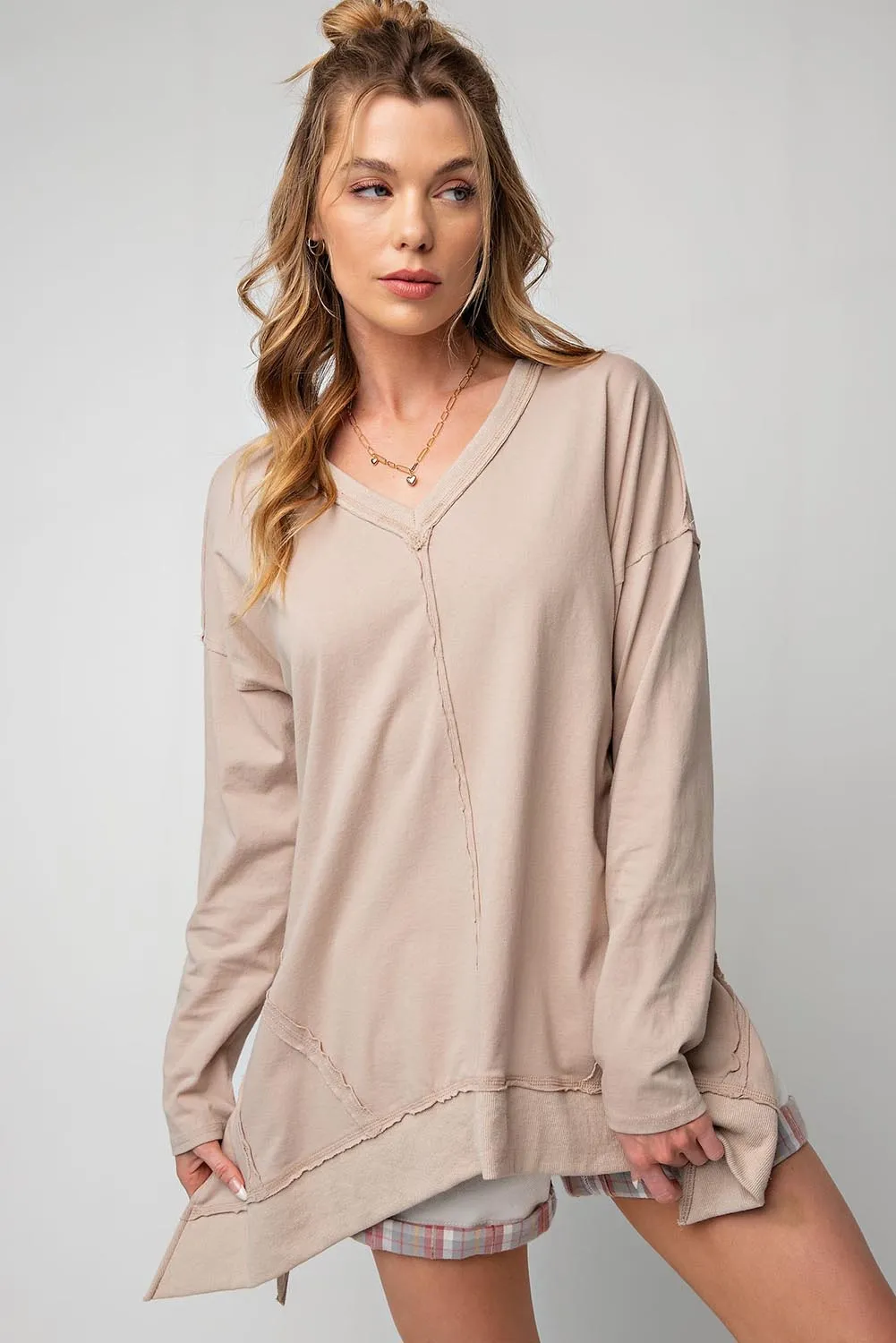 Apricot Exposed Seam V Neck Side Slits Long Sleeve Top