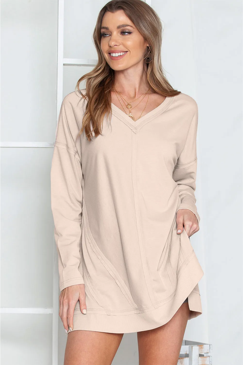 Apricot Exposed Seam V Neck Side Slits Long Sleeve Top