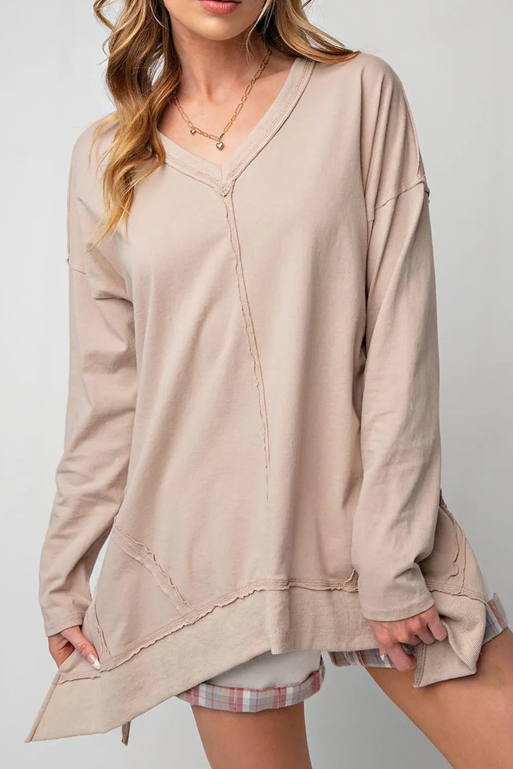 Apricot Exposed Seam V Neck Side Slits Long Sleeve Top