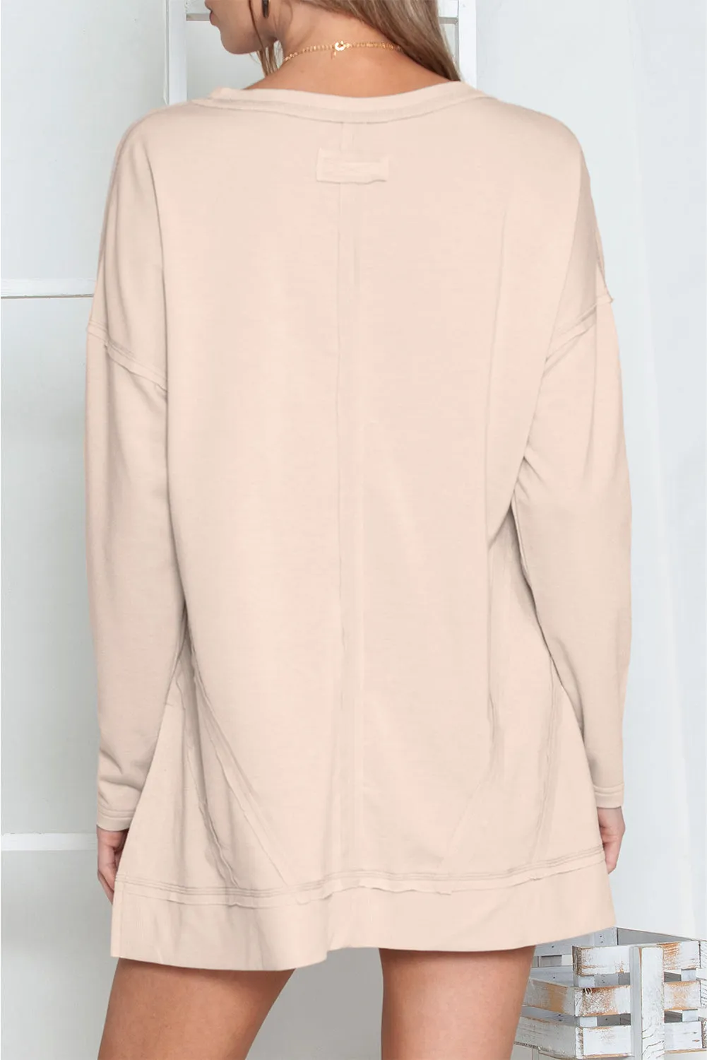 Apricot Exposed Seam V Neck Side Slits Long Sleeve Top