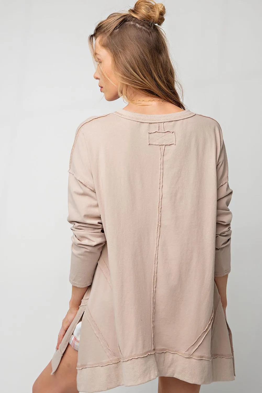 Apricot Exposed Seam V Neck Side Slits Long Sleeve Top