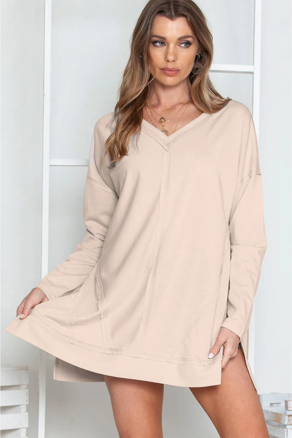 Apricot Exposed Seam V Neck Side Slits Long Sleeve Top