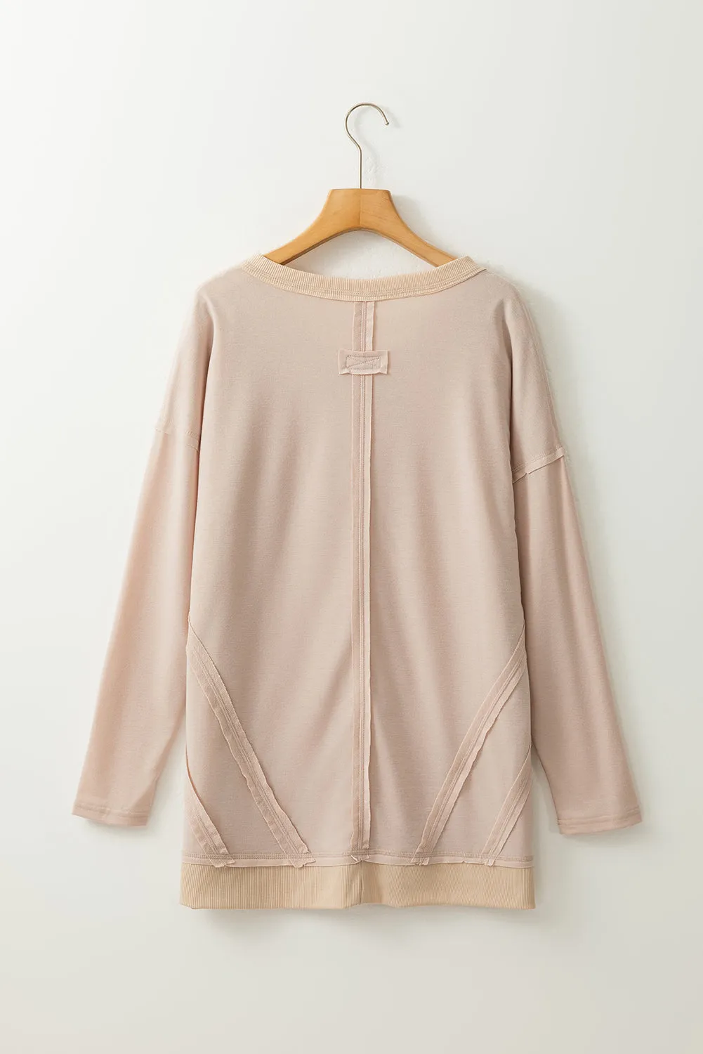 Apricot Exposed Seam V Neck Side Slits Long Sleeve Top