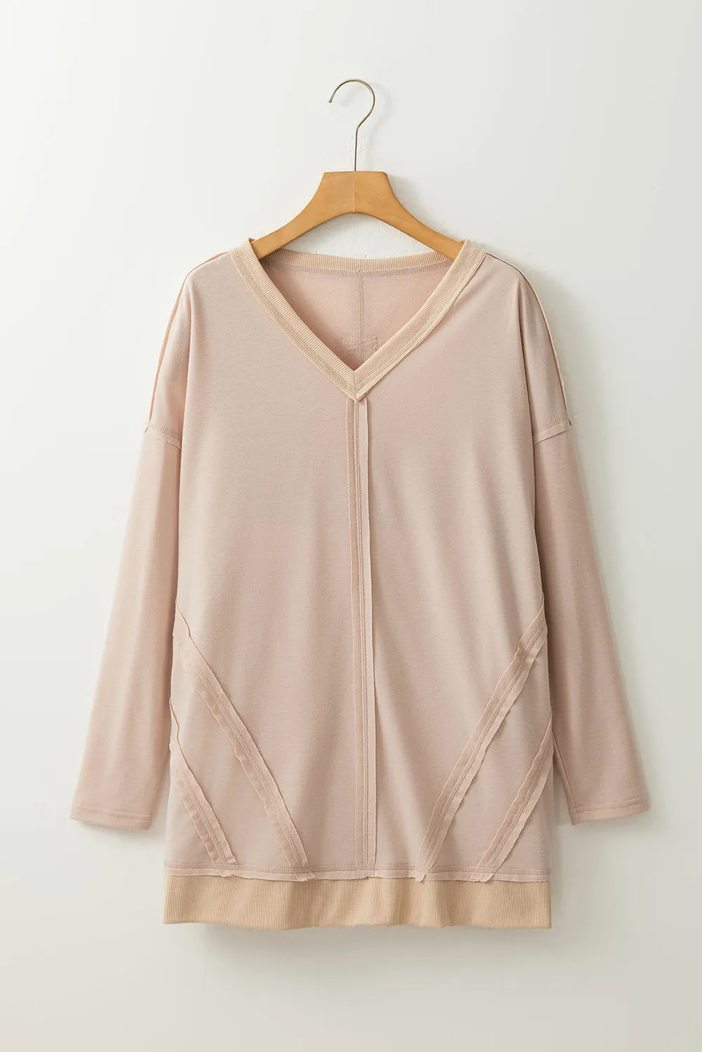 Apricot Exposed Seam V Neck Side Slits Long Sleeve Top