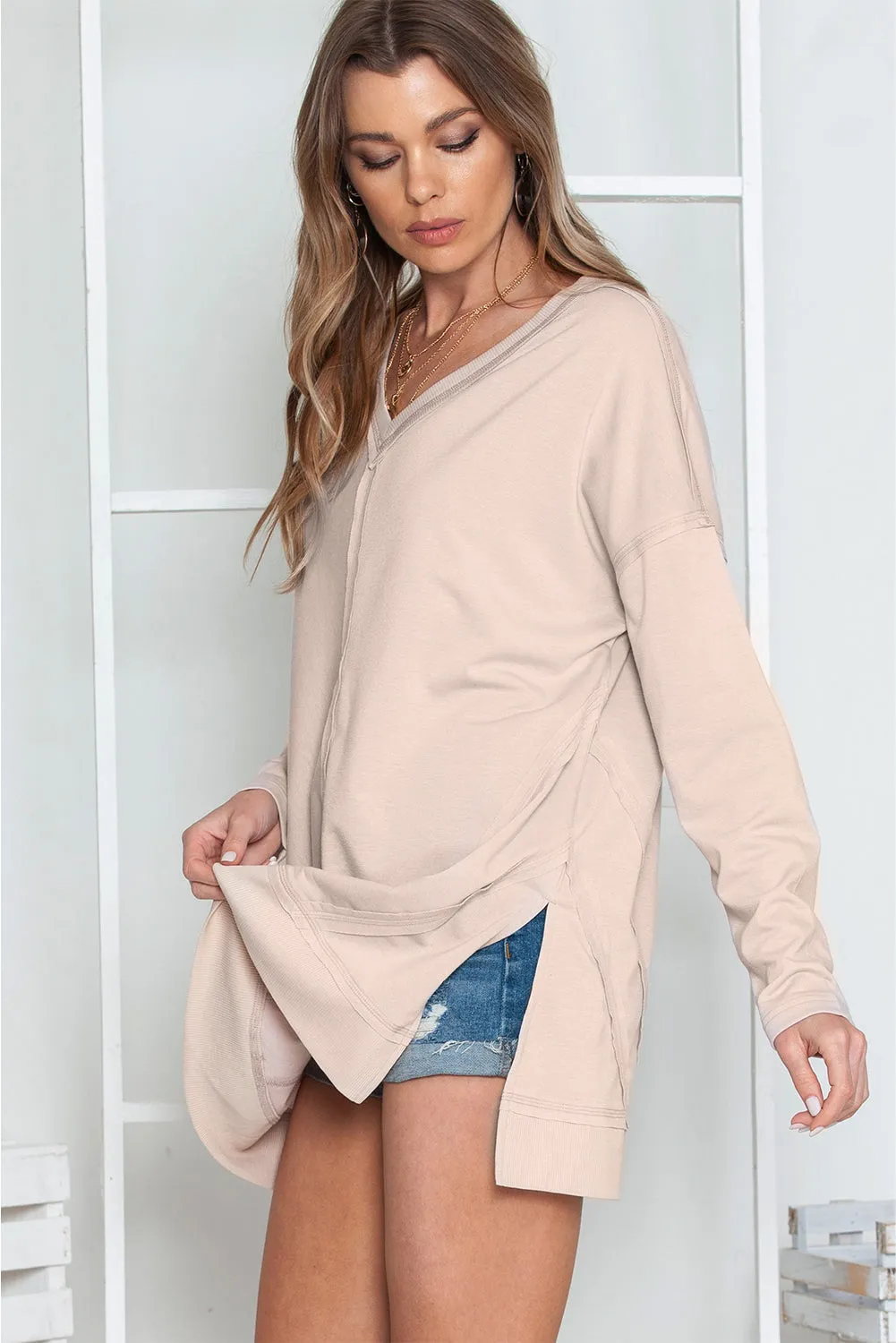 Apricot Exposed Seam V Neck Side Slits Long Sleeve Top