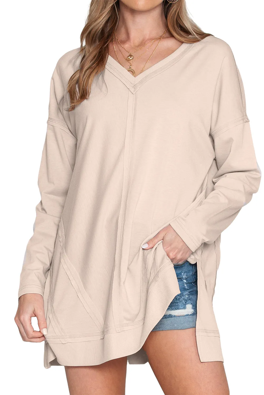 Apricot Exposed Seam V Neck Side Slits Long Sleeve Top