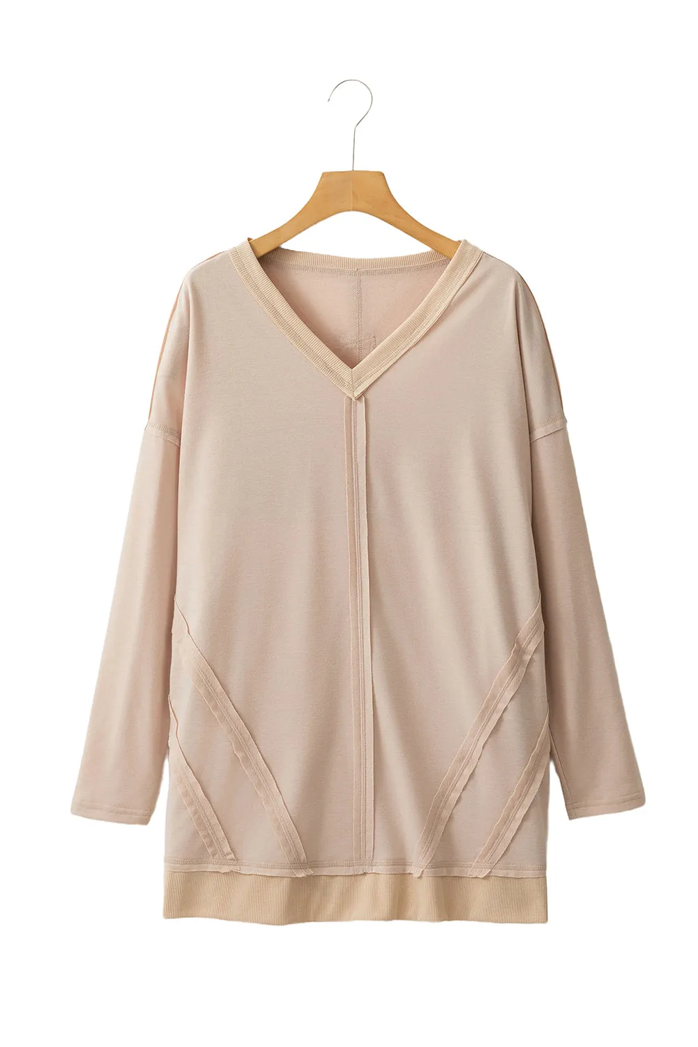 Apricot Exposed Seam V Neck Side Slits Long Sleeve Top