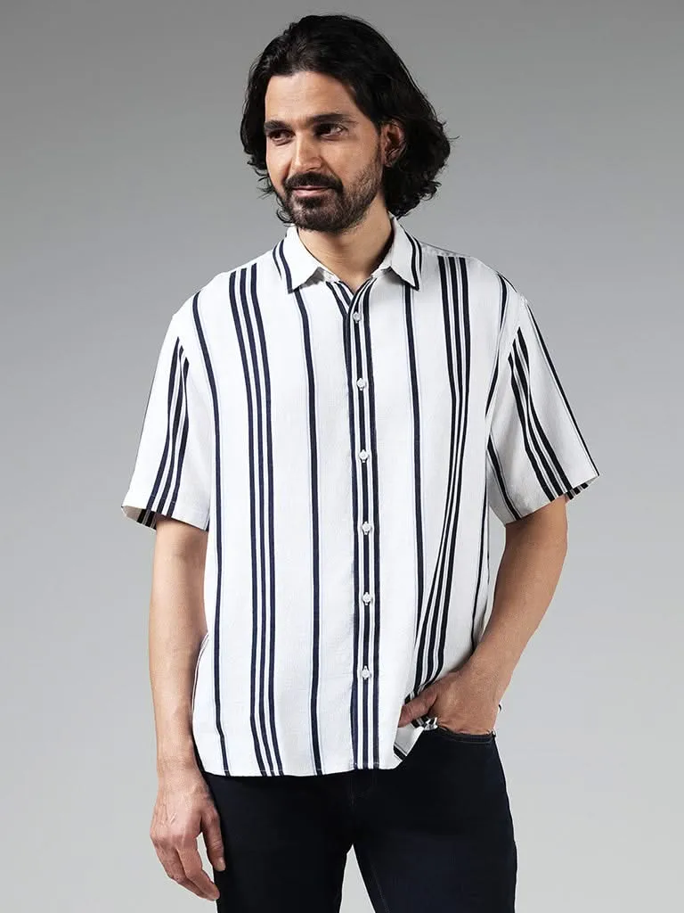 Ascot White Striped Relaxed-Fit Blended Linen Shirt