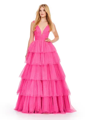 Ashley Lauren 11672 Long Layered Tulle Crystal Ball Gown Prom Dress Formal Pageant