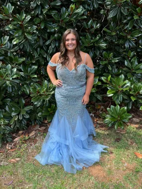 Athena Prom 8165 Off the Shoulder Fit-n-Flare Layered Mermaid Dress - Champagne or Dusty Blue