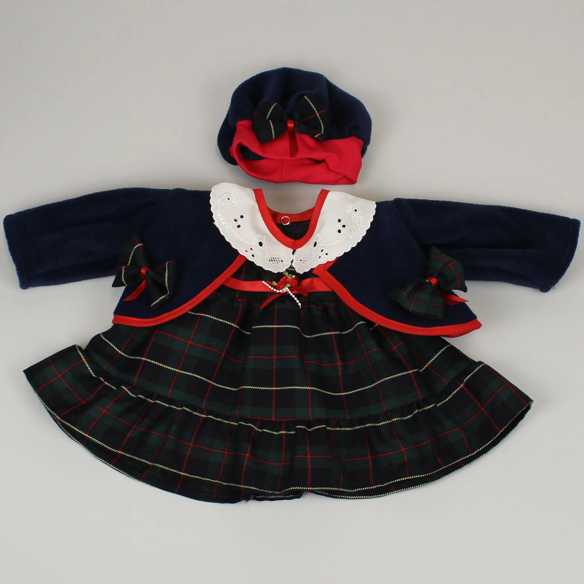 Baby Girls Green and Navy Tartan Dress, Jacket and Hat Outfit