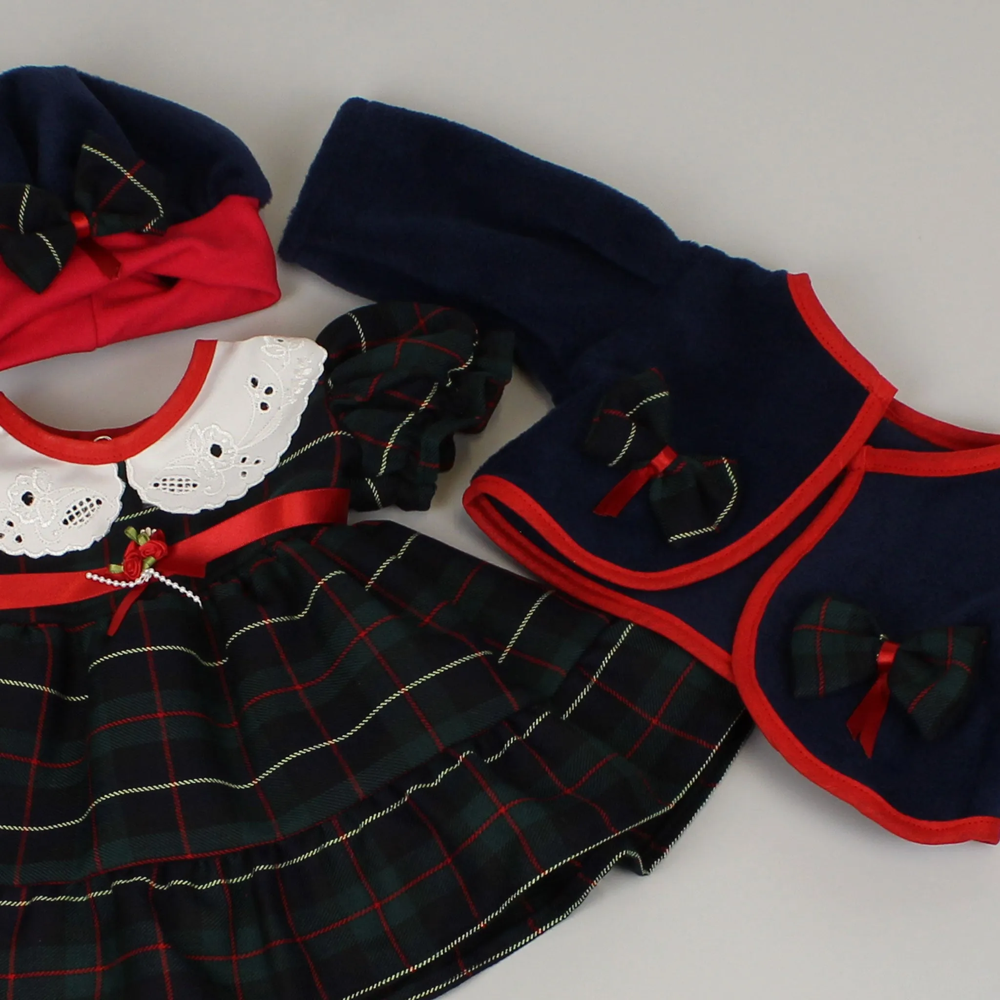 Baby Girls Green and Navy Tartan Dress, Jacket and Hat Outfit