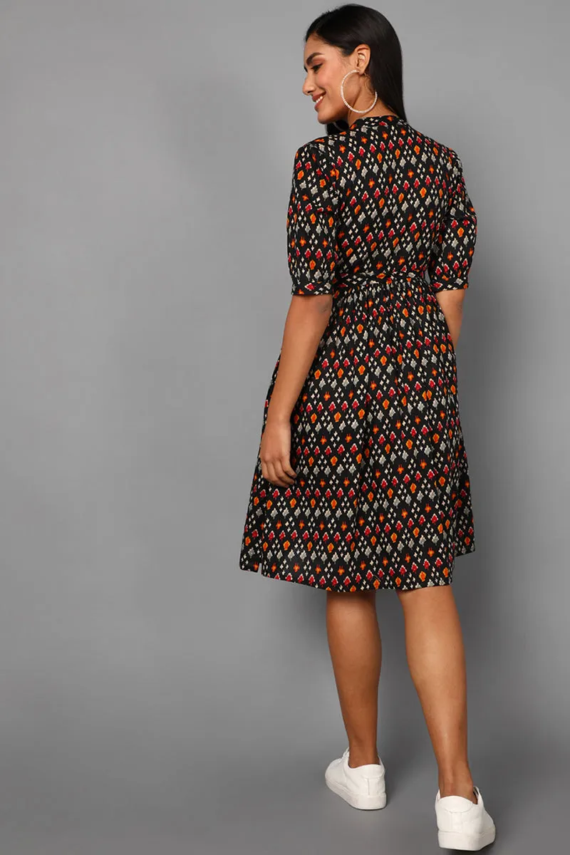 Black Cotton Abstract Print Midi Dress