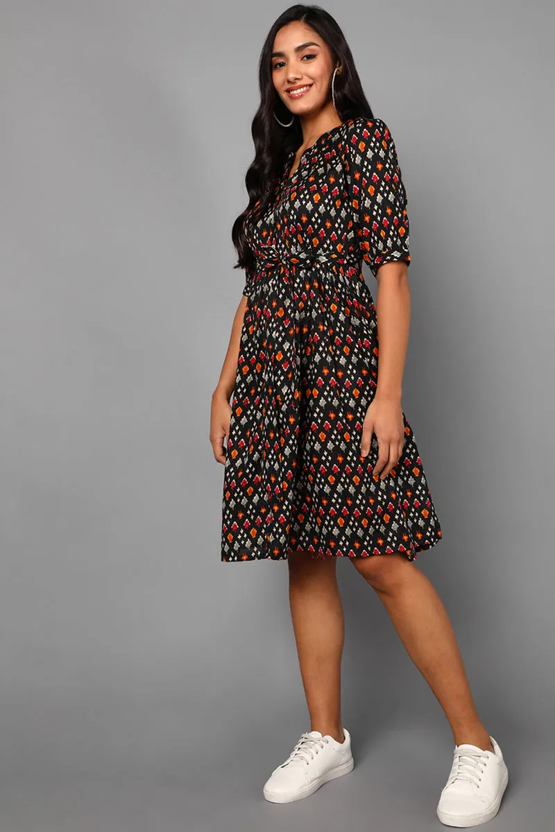 Black Cotton Abstract Print Midi Dress