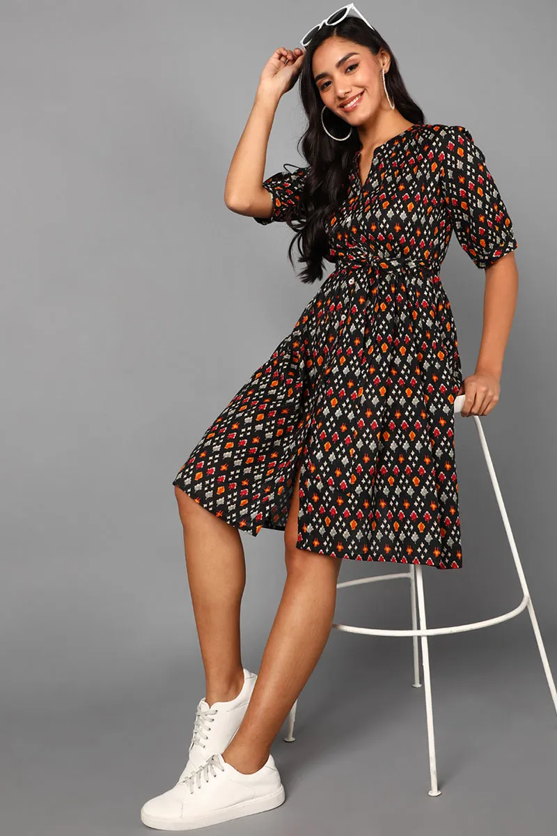 Black Cotton Abstract Print Midi Dress