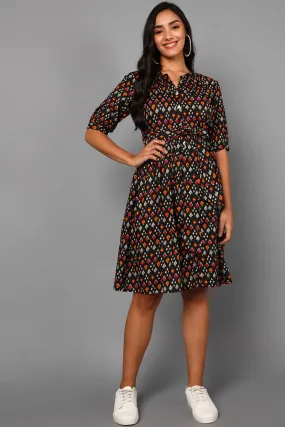 Black Cotton Abstract Print Midi Dress