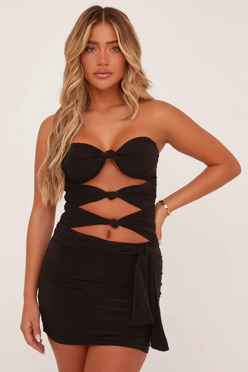 Black Cut Out Knot Detail Bodysuit & Mini Skirt Co-ord - Aubree