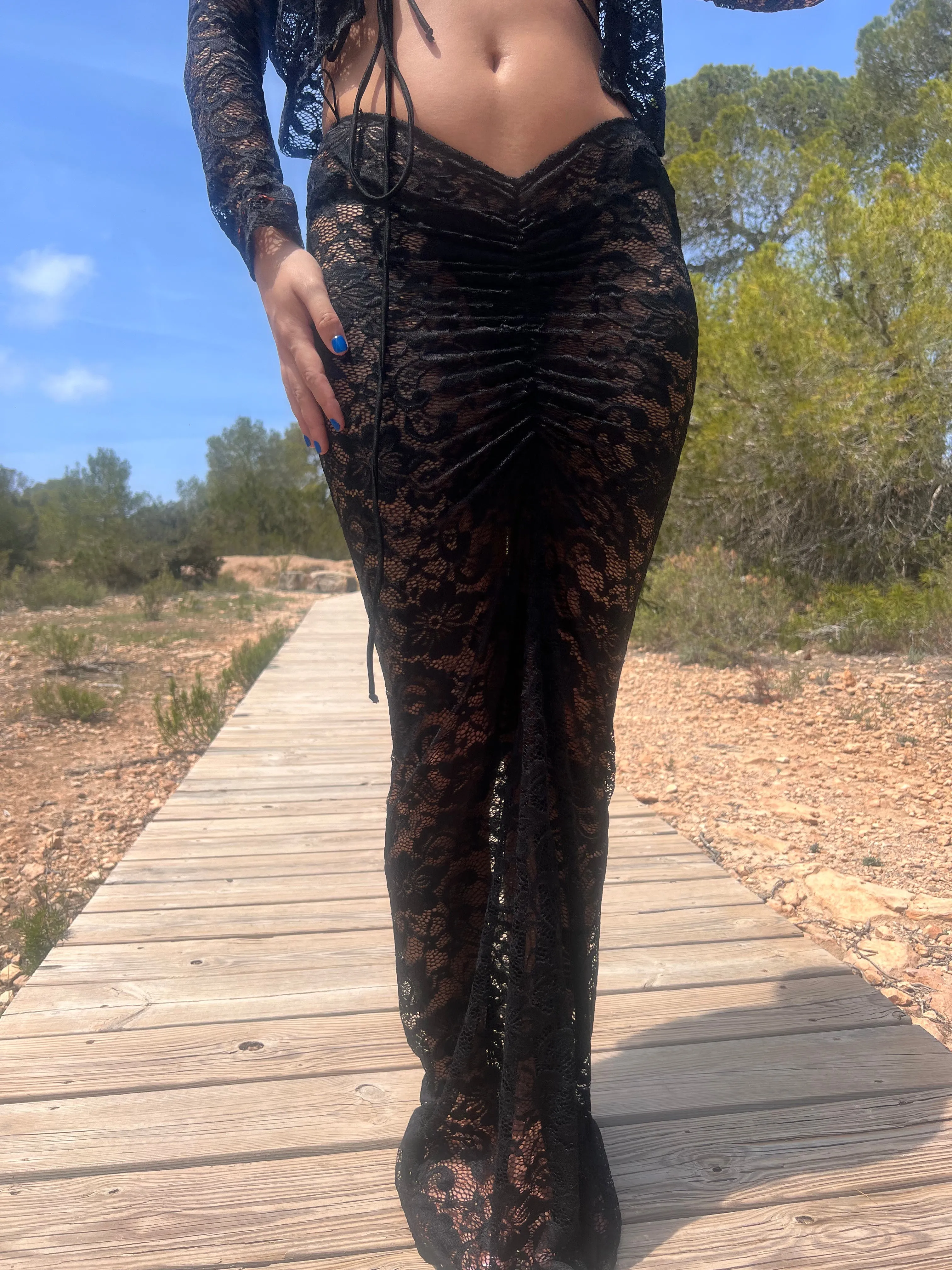 Black Lace Cardigan And Maxi Skirt Suit