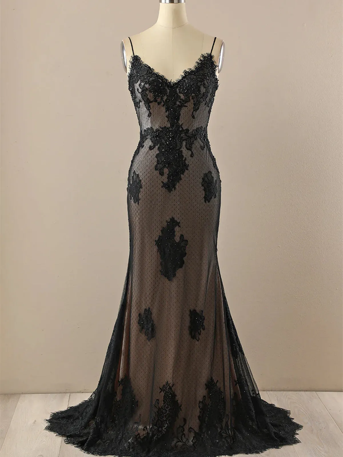 Black Mermaid Lace Straps Evening Dress Party Dress, Black Long Prom Dress