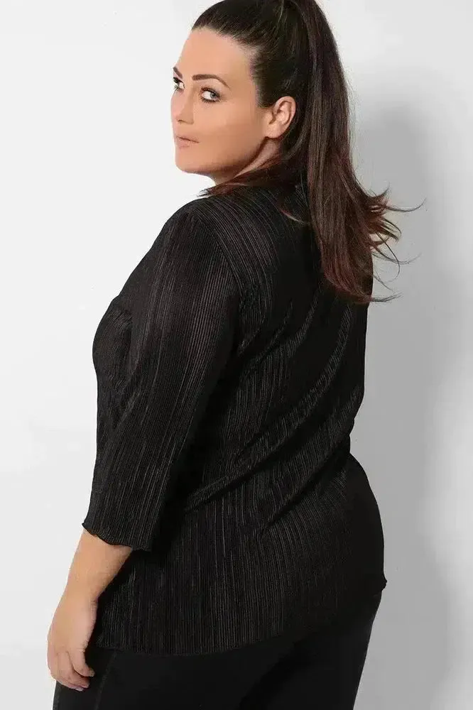 Black Pleated Front Tie Cardigan Overlay Blouse