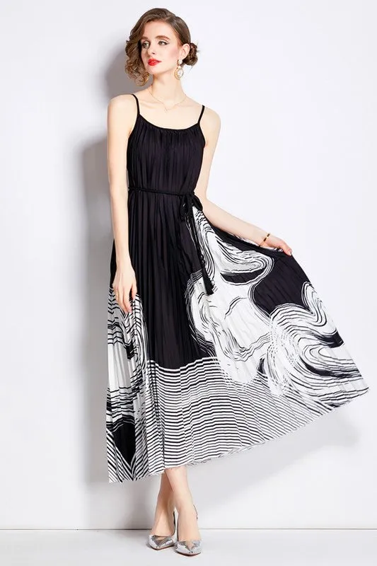 Black Pleated Waist Tie Pleated A line Long Maxi dress Formal Dresses for Special Occasions