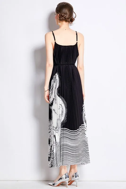 Black Pleated Waist Tie Pleated A line Long Maxi dress Formal Dresses for Special Occasions