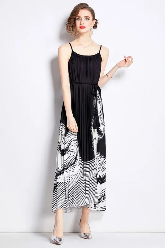 Black Pleated Waist Tie Pleated A line Long Maxi dress Formal Dresses for Special Occasions