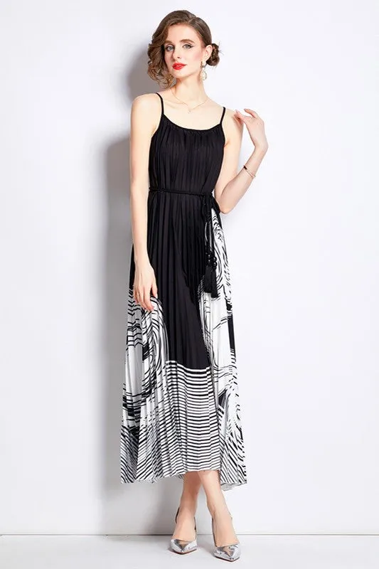 Black Pleated Waist Tie Pleated A line Long Maxi dress Formal Dresses for Special Occasions