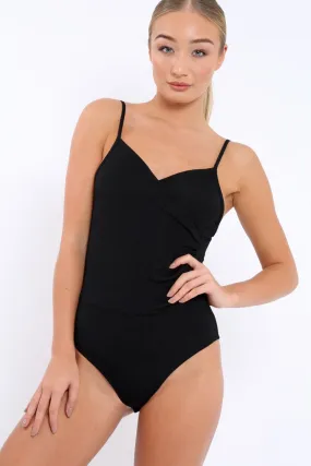 Black Ribbed Plunge Wrap Bodysuit - Abriana