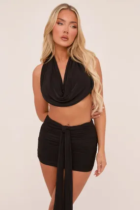 Black Three Piece Cowl Neck Crop Top & Mini Skirt Co-ord Set - Jocelyn