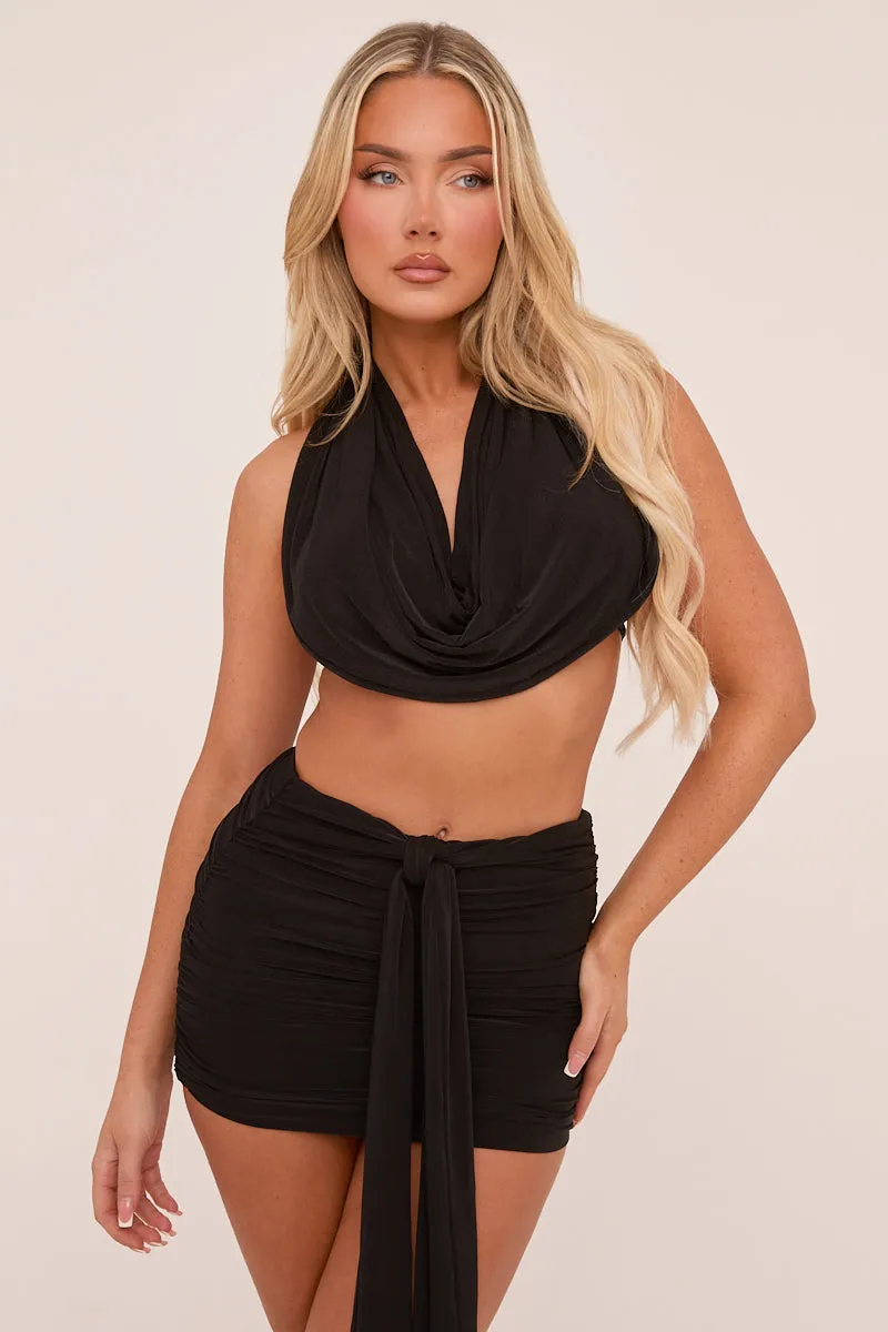 Black Three Piece Cowl Neck Crop Top & Mini Skirt Co-ord Set - Jocelyn