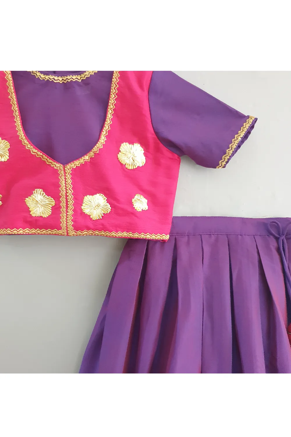 Blouse attached jacket with purple pleated lehnega