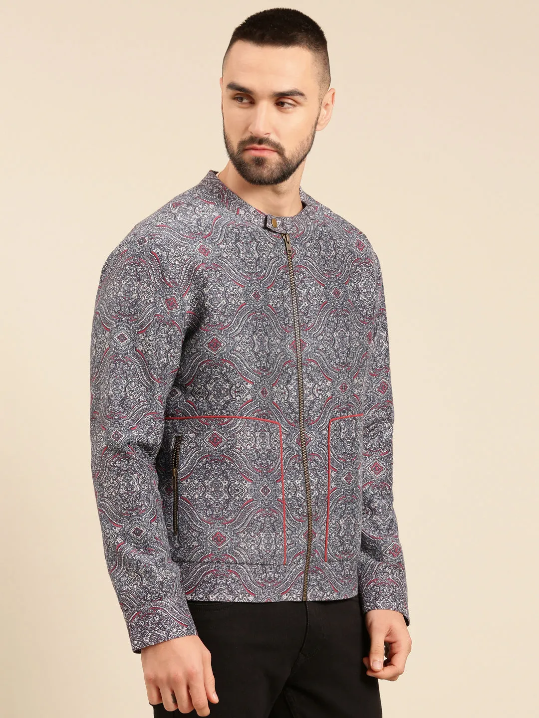 Blue Linen Bemberg Print Jacket - MMBJ021