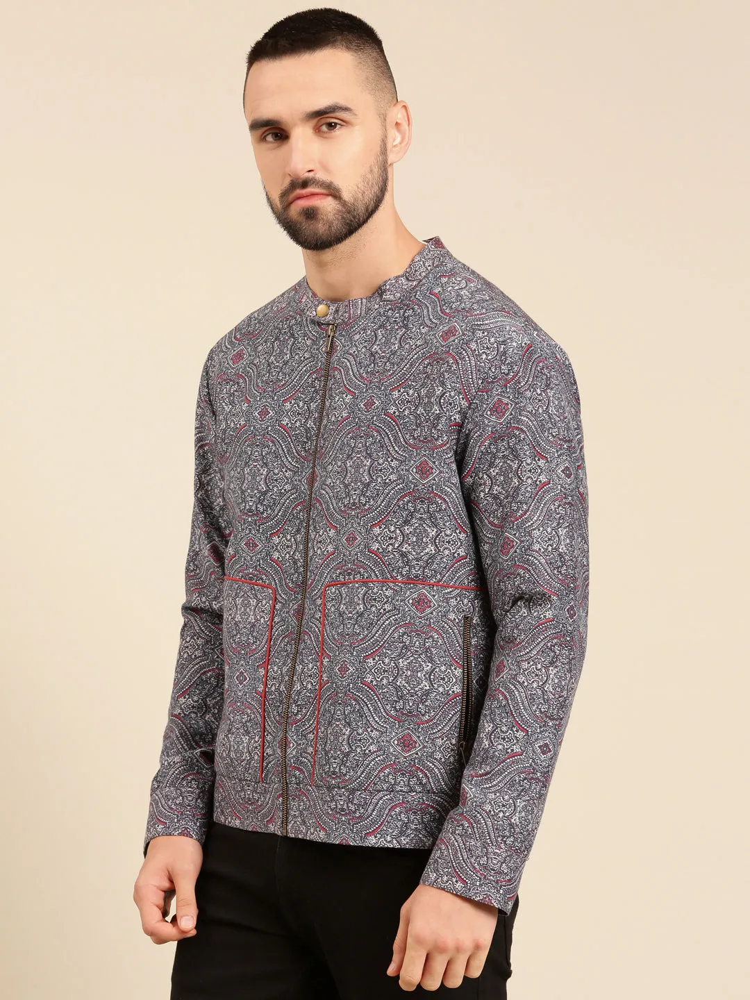 Blue Linen Bemberg Print Jacket - MMBJ021