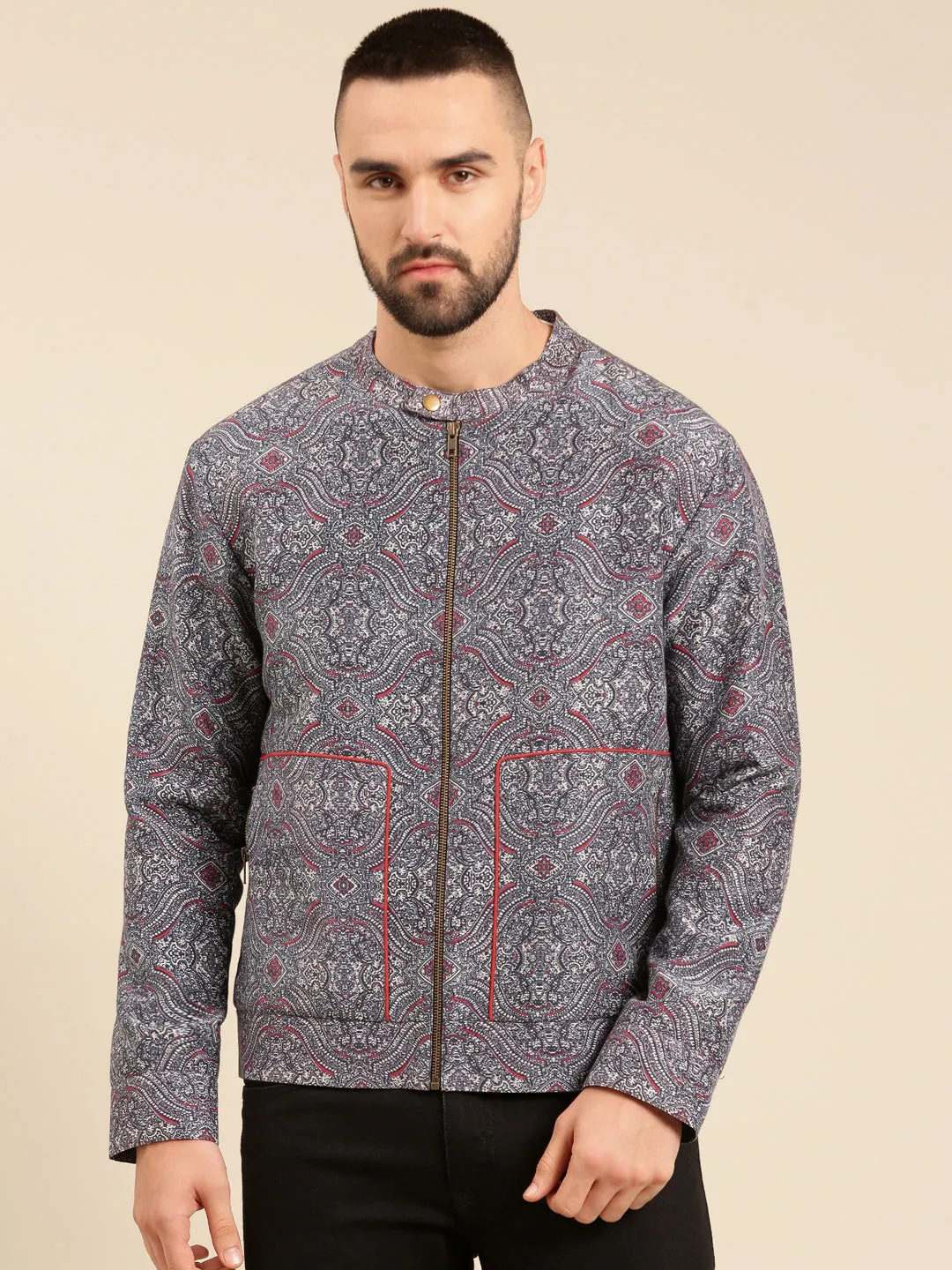 Blue Linen Bemberg Print Jacket - MMBJ021