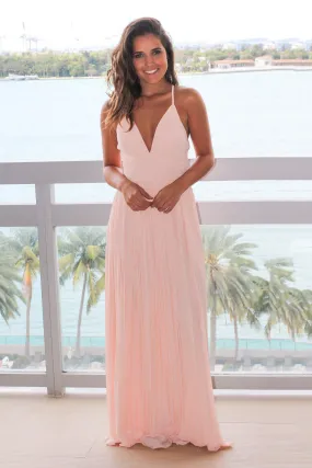 Blush Pleated Maxi Dress with Criss Cross Back